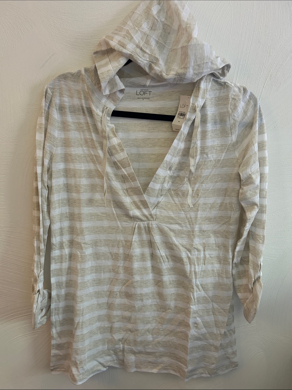 LOFT Beige & White Striped Hooded V-Neck Pullover